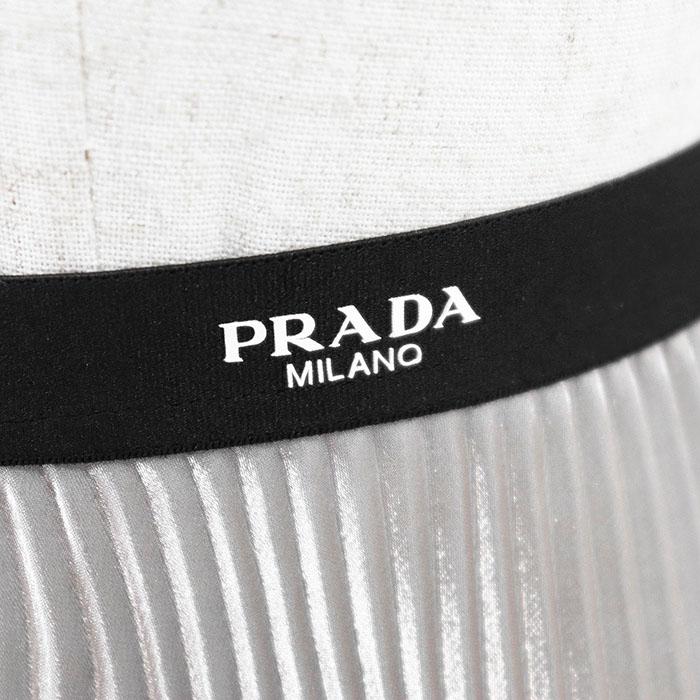 【美品】PRADA プラダ スカート プリーツ 22年製 ロゴ ウエストゴム グリッター フレア ポリ100% レディース 36 シャンパンゴールド 伊製_3