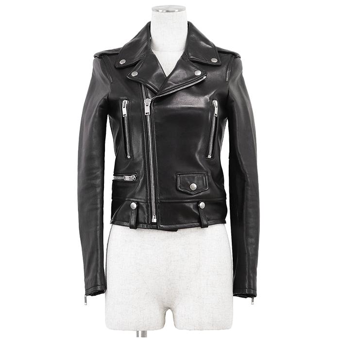 SAINT LAURENT PARIS サンローラン・パリ ジャケット ライダース F34 レディース ロゴ モーターサイクル ラムレザー ハンガー付属 黒 伊製 | 
