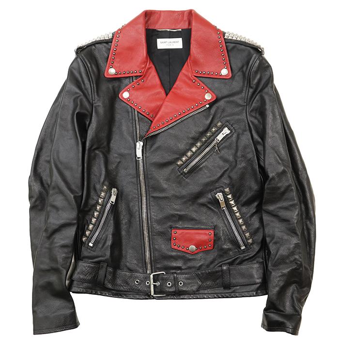 【未使用】SAINT LAURENT PARIS サンローランパリ モーターサイクルジャケット 48 メンズ カウレザー スタッズ 恐竜チャーム 付属有 黒 赤 | 