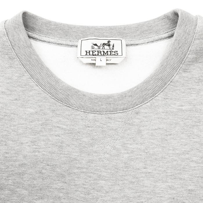 HERMES エルメス スウェット シュヴォー・アン・シンメトリー サイズ M メンズ ホース レザーパッチ クルーネック ロングスリーブ 丸首 長袖 トレーナー コットン100% トップス グレー ライトイエロー 灰色 黄色 イタリア製 HERMES（エルメス） スウェット シュヴォー・アン・シンメトリー M