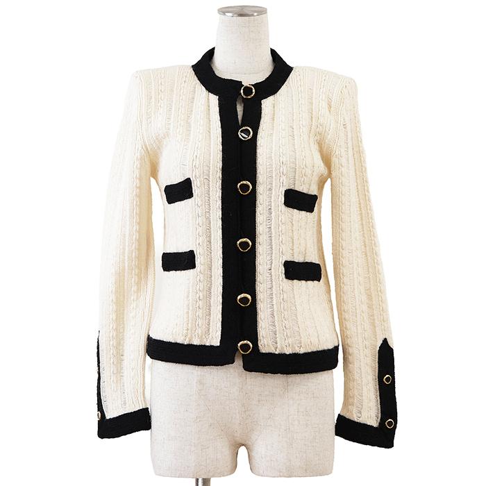 SAINT LAURENT PARIS サンローランパリ カーディガン ニット XS レディース 2020年製 バイカラー 長袖 ウール100% アイボリー 黒 伊製 | 