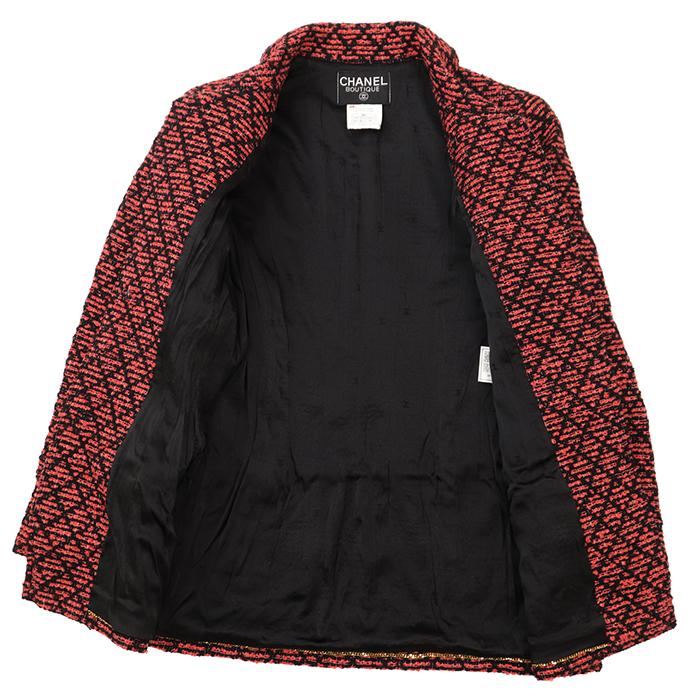 【美品】CHANEL BOUTIQUE シャネル ブティック ヴィンテージジャケット 38 レディース 95A P05767 ツイード COCOマークロゴボタン 黒 赤の画像