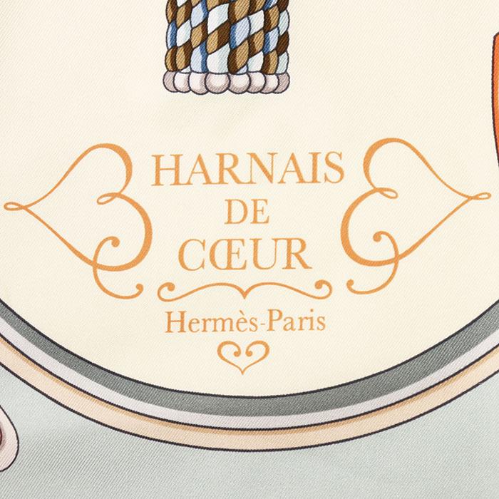 【新品同様】HERMES エルメス カレ90 Harnais de Coeur アルネ・ドゥ・クール ロゴ ホース 馬車 シルク100% スカーフ アイボリー 仏製_2