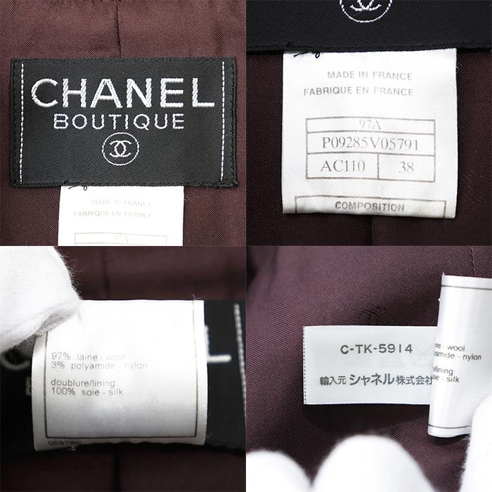 【美品】CHANEL BOUTIQUE シャネル ブティック ヴィンテージツイードジャケット 38 レディース 97A P09285 COCO チェーン付属 バーガンディの画像