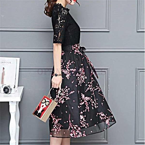 正規品 結婚式ワンピースドレスパーティー袖付きお呼ばれ二次会同窓会フラワーレース膝丈ファッション代30代40代50代 正規激安 Www Doctor Plan Com