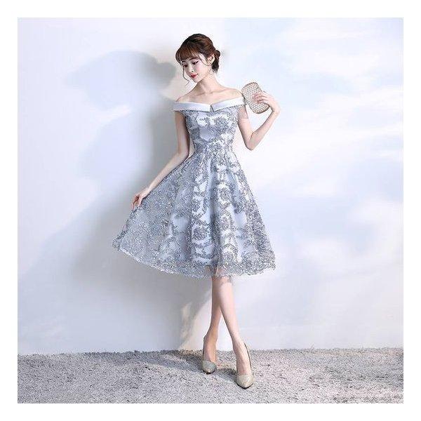 大特価市 ドレスワンピース膝丈ミモレ丈オフショルダーエレガントかわいいコードレースフレア謝恩会お呼ばれシルバーグレーピンク10代代30代 ブランド割引セール Shirleyryan Ca
