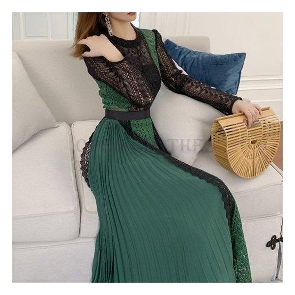 レディースワンピースロング上品大人プリーツ長袖カジュアル10代代30代40代デートディナーグリーン緑黒ブラック