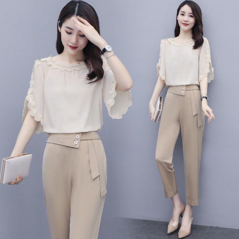 今季ブランド セットアップ 大きいサイズ 40代 通勤ol 韓国風 カジュアル シフォン上下セット 九分丈パンツ 半袖ブラウス オシャレセットアップ 春夏 レディース セットアップ サイズ M Www Quantumbytestore Com