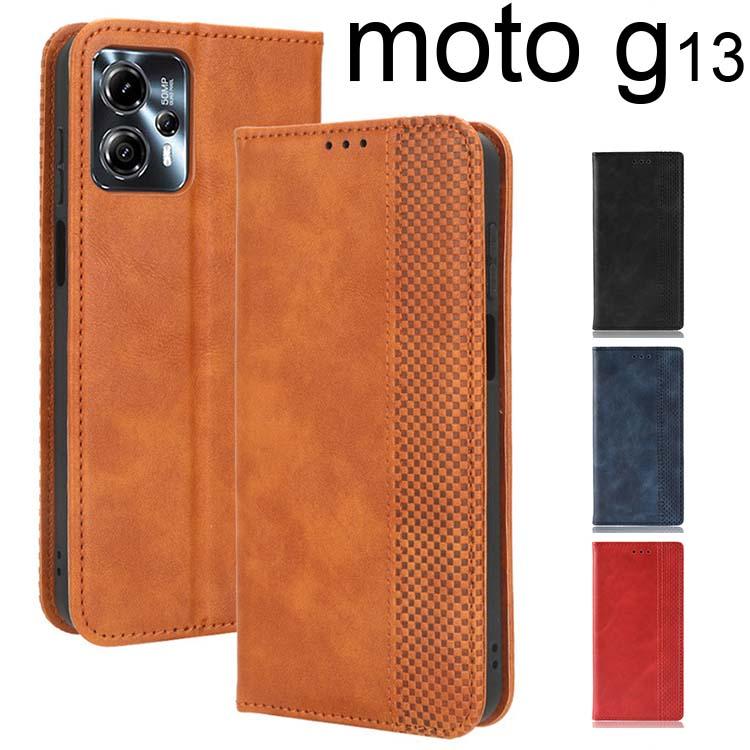 moto g13 ケース 手帳 motog13 チェック柄 レトロ レザー 手帳型 北欧