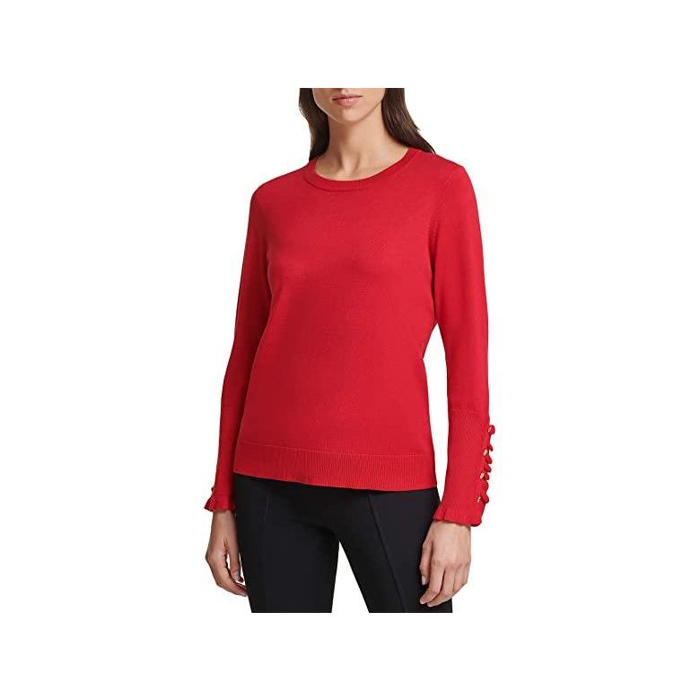 Sweater Neck Crew カルバン・クライン with Rouge セーター レディース Sleeves Ruffle 長袖 人気のファッションブランド！