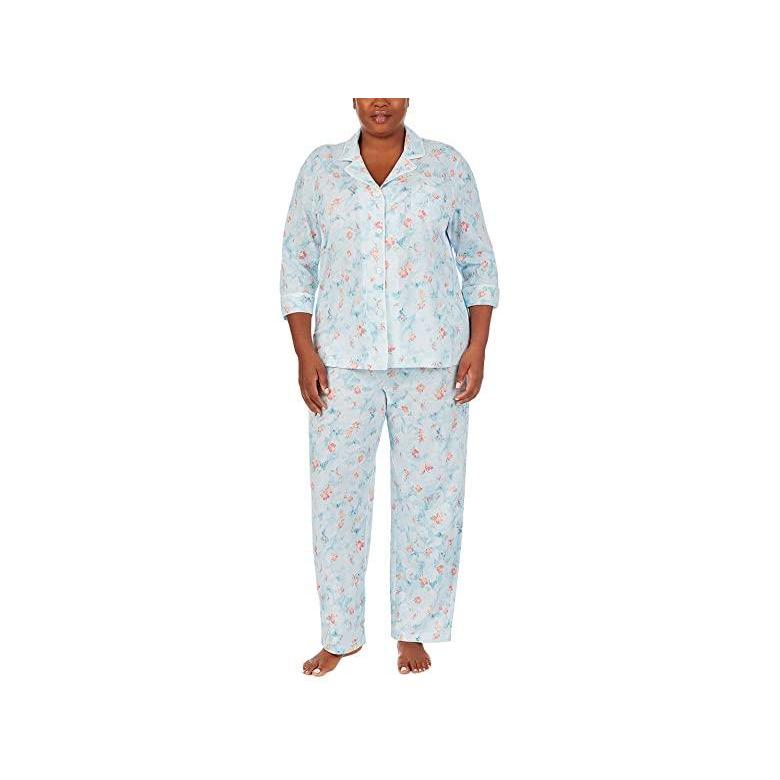 有名ブランド Lauren Ralph Lauren ブランド 人気 新作 日本未発売 海外限定 Plus Print Aqua パジャマ 部屋着 レディース Set Pj Pants Long Collar Notch Sleeve 3u002f4 Size 下着 靴下 部屋着 Www Rankinengineering Com