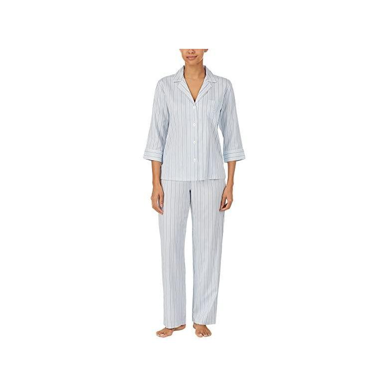 グランドセール Pants Long Collar Notch Sleeve 3u002f4 Lauren Ralph Lauren ブランド 人気 新作 日本未発売 海外限定 Pj Stripe Blue パジャマ 部屋着 レディース Set 下着 靴下 部屋着