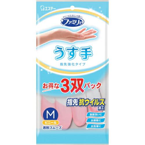 エステー ファミリー ビニールうす手 指先抗ウイルス加工 M 3双パック(ピンク2双・グリーン1双) ( ST72242 ) エステー(株) | 
