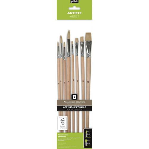 Pebeo 油彩用 白豚筆 平・丸筆8本セット(平2/6/10/14、丸0/4/6/14号) FSC認証 長軸 ( 952403 ) ペベオ・ジャポン(株) | 