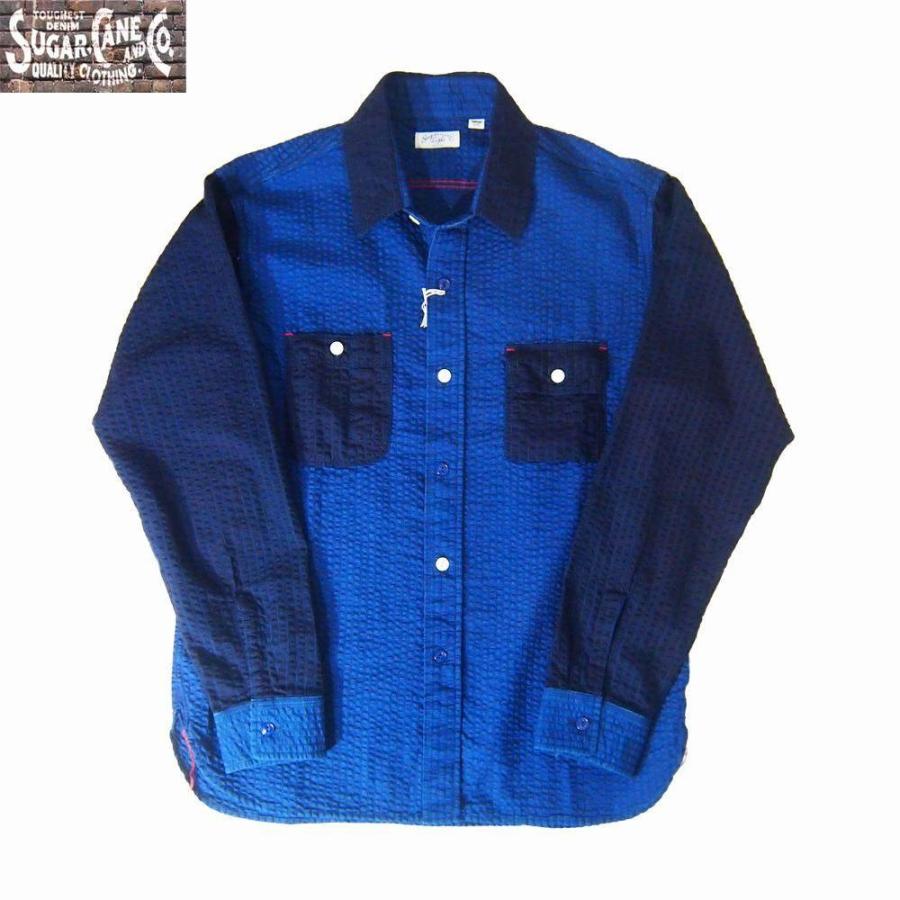 SUGAR CANE　Light/シュガーケーンライト 　インディゴ　サッカークロス　L/S ワークシャツ　 Mサイズ　　クレイジーカラー | SUGAR CANE