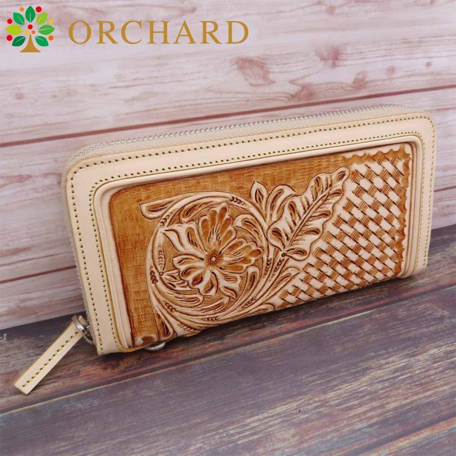 【新品・未使用】カービングウォレット　長財布　ラウンドファスナー　フラワー バイカーズウォレット フラワーカービング カウレザー ラウンド