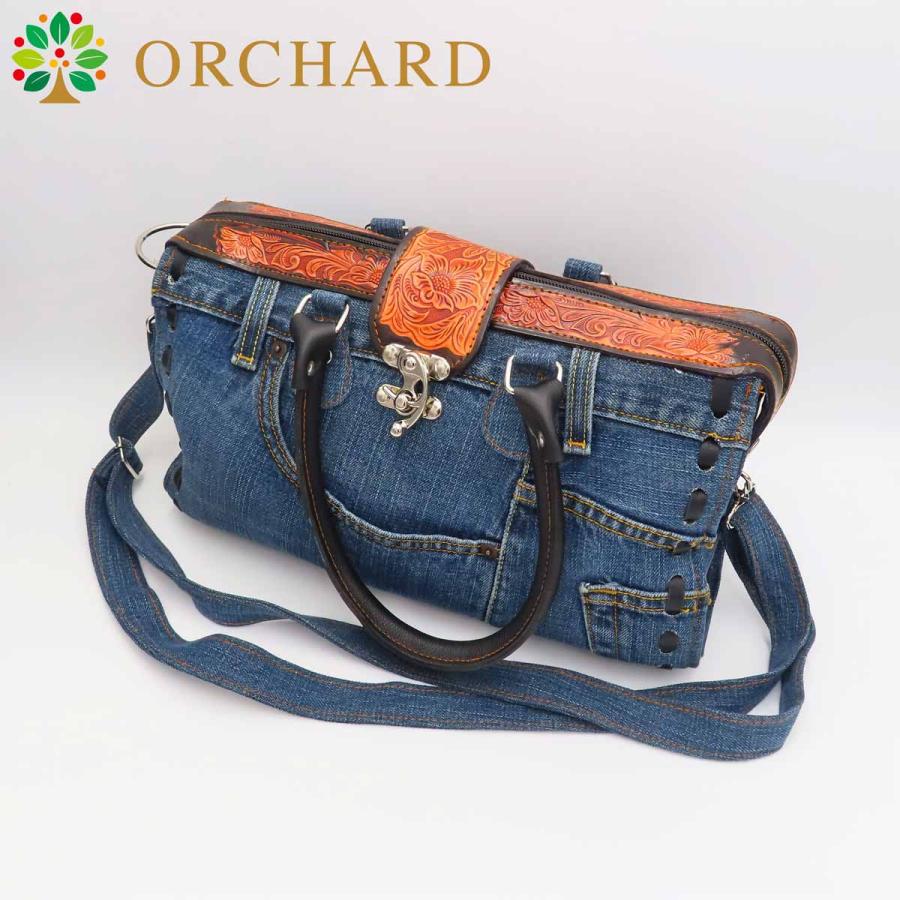 リサイクルデニムバッグ ショルダー&ハンド2way 牛革フラワー 