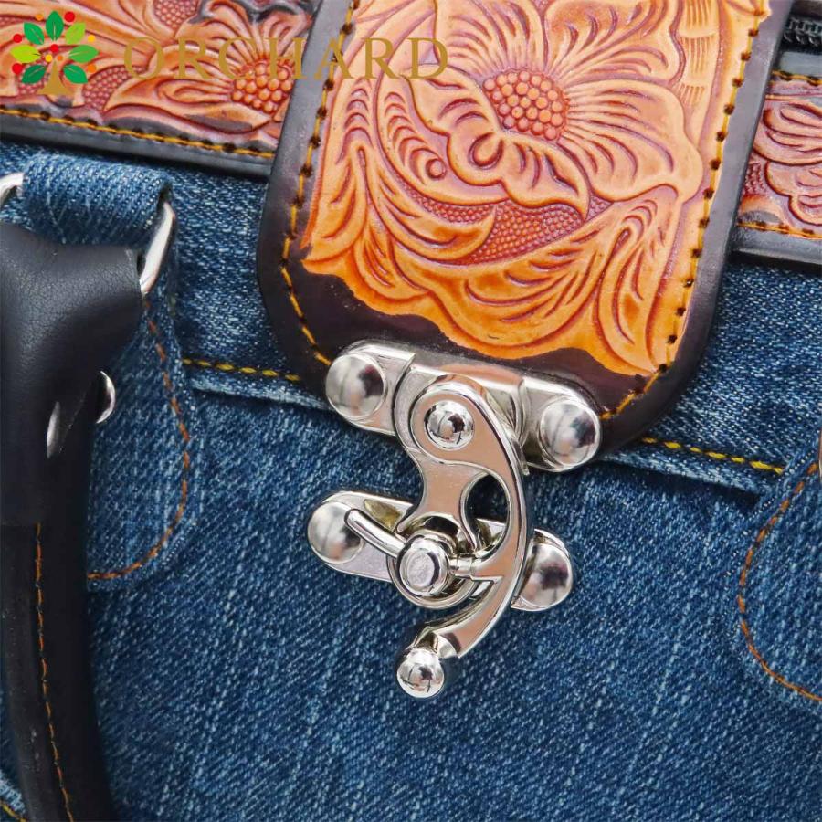 リサイクルデニムバッグ ショルダー&ハンド2way 牛革フラワー  