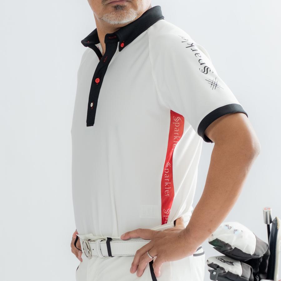 メンズゴルフウェア 白 ポロシャツ ストレッチ素材 撥水 ボタン