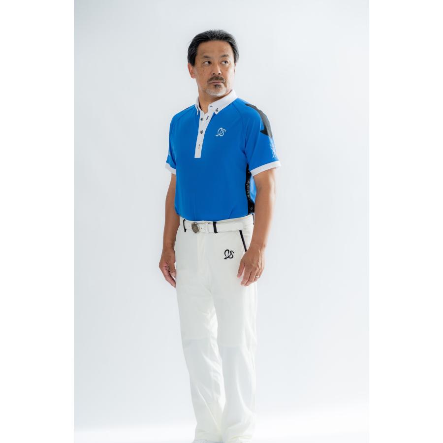 メンズゴルフウェア ライトブルー ホワイト ポロシャツ ストレッチ素材 UVカット ボタンダウンシャツ シンプル かっこいい｜order-suit-seigaya｜09