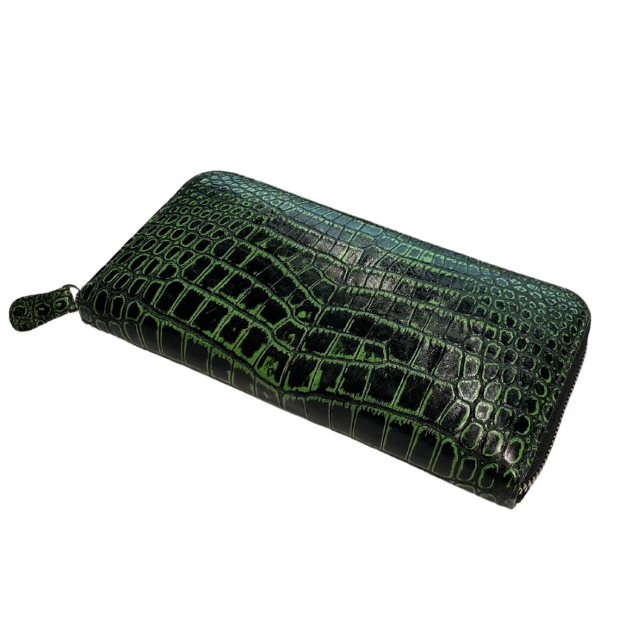 クロコダイル 長財布 目地染め グリーン 熟練職人 ラウンドファスナー  
