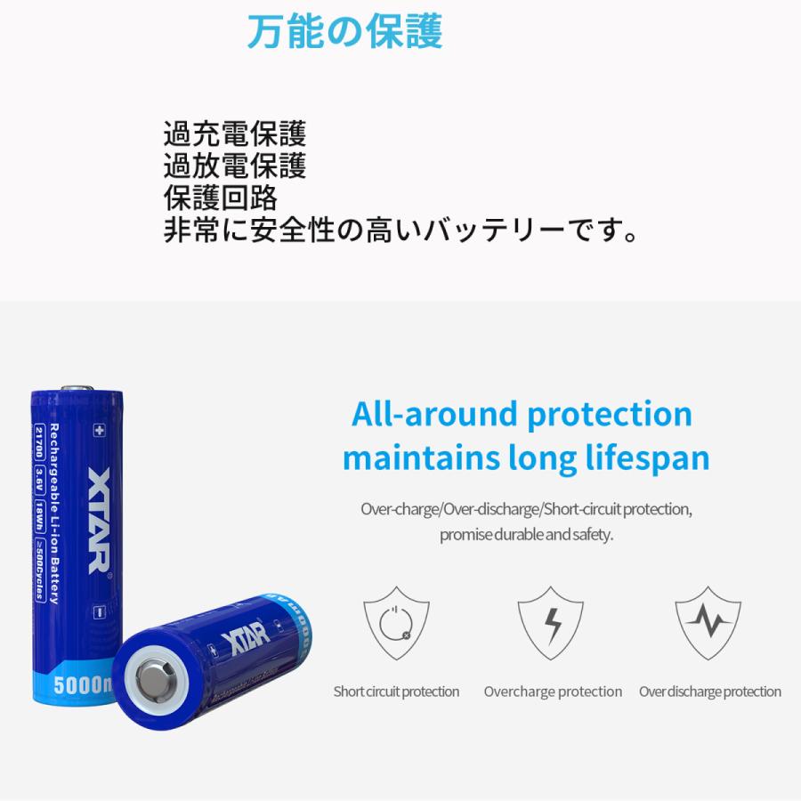 XTAR 21700 5000mAh 3.6V 充電式 リチウムイオン電池 バッテリー 保護