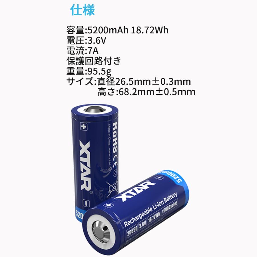 XTAR 26650 5200mAh 3.6V 充電式 リチウムイオン電池 7A 18.72Whバッテリー 保護回路付き リチウムイオンバッテリー リチウム電池 充電池 エクスター｜oremeca｜06