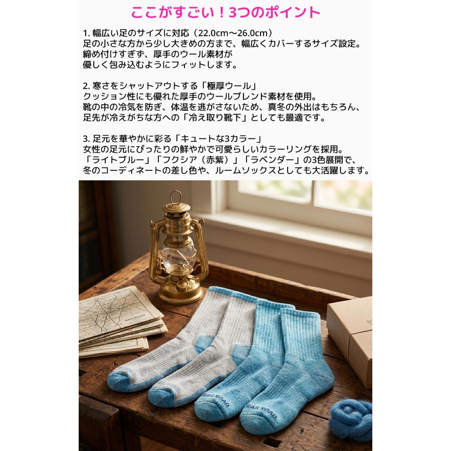 レイルロードソック 靴下 レディース ウール 22-26cm 2足組 厚手 暖かい 防寒 冷え取り ルームソックス クルー ライトブルー フクシア ラベンダー RAILROAD SOCK |  | 05