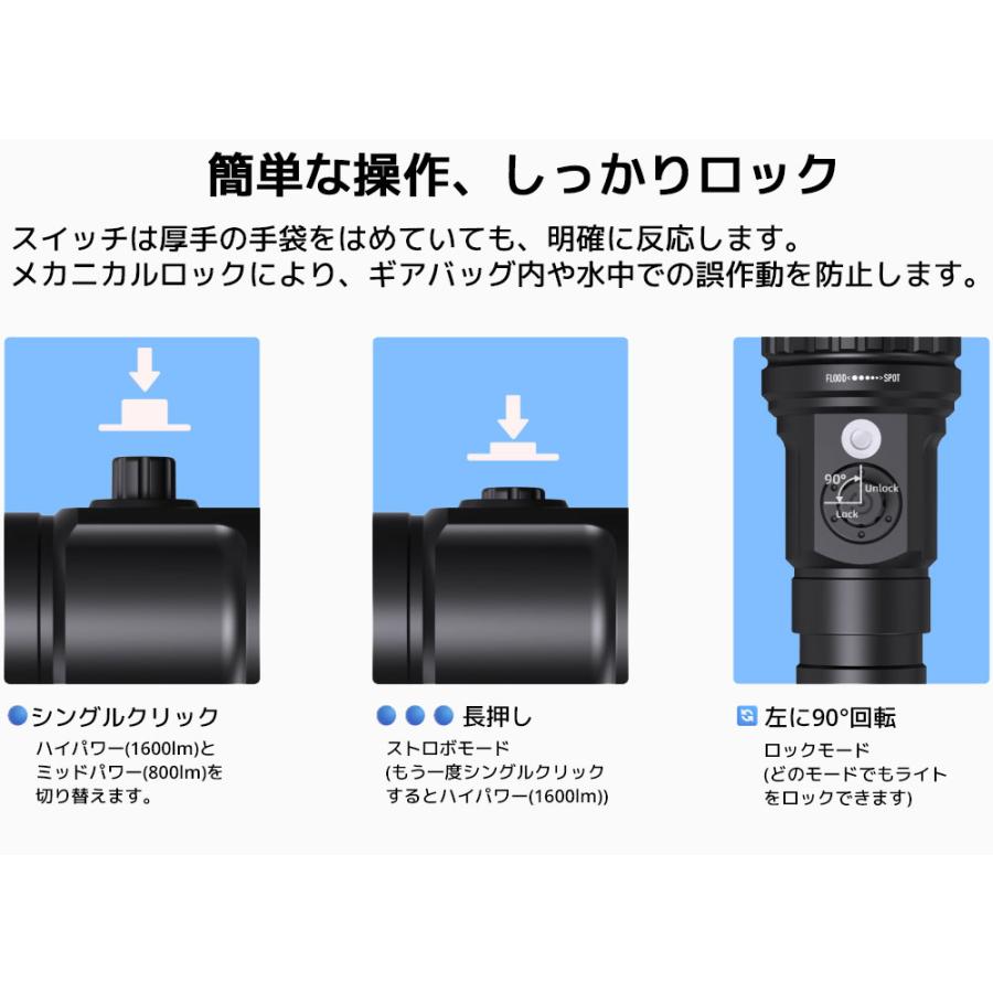 XTAR D40 ZOOM 1600ルーメン ダイビングライト LED ダイビング 用 懐中電灯 エクスター 21700 リチウムイオン 電池 充電式 ストラップ 長時間 水中 |  | 05