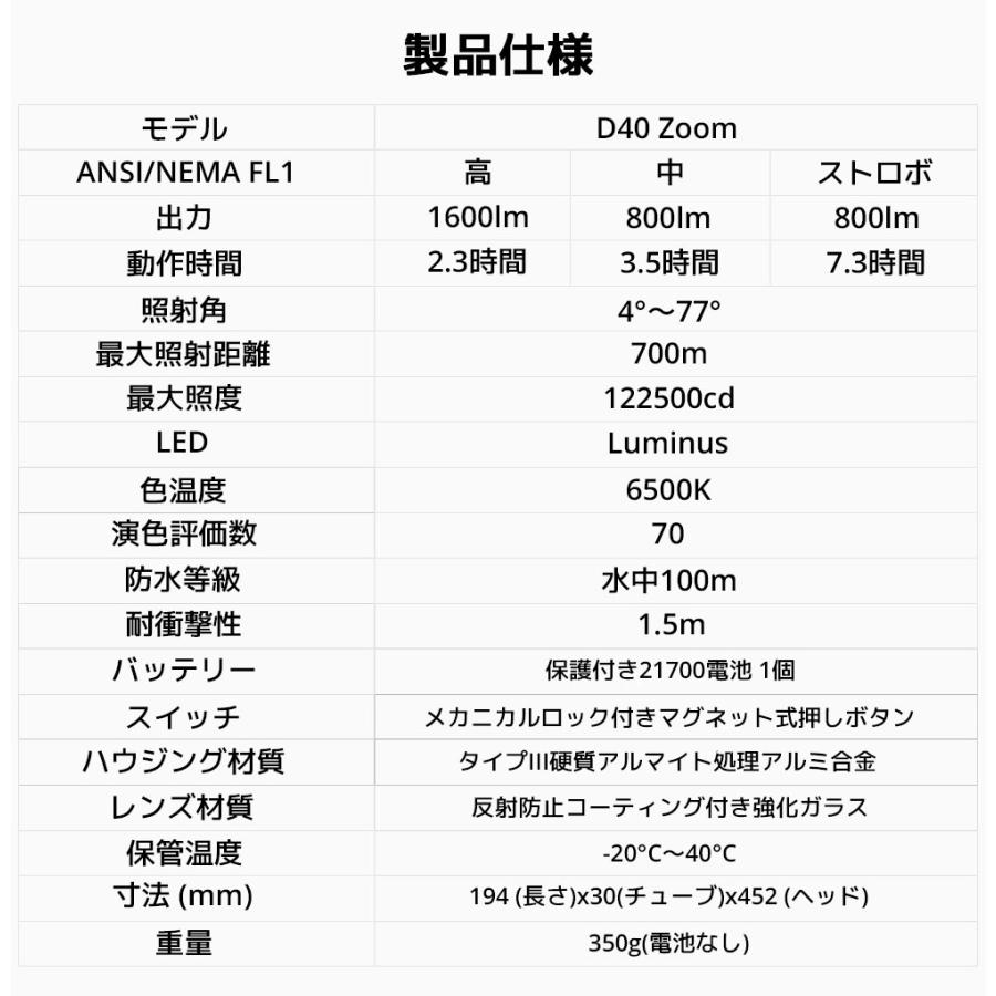 XTAR D40 ZOOM 1600ルーメン ダイビングライト LED ダイビング 用 懐中電灯 エクスター 21700 リチウムイオン 電池 充電式 ストラップ 長時間 水中 |  | 09