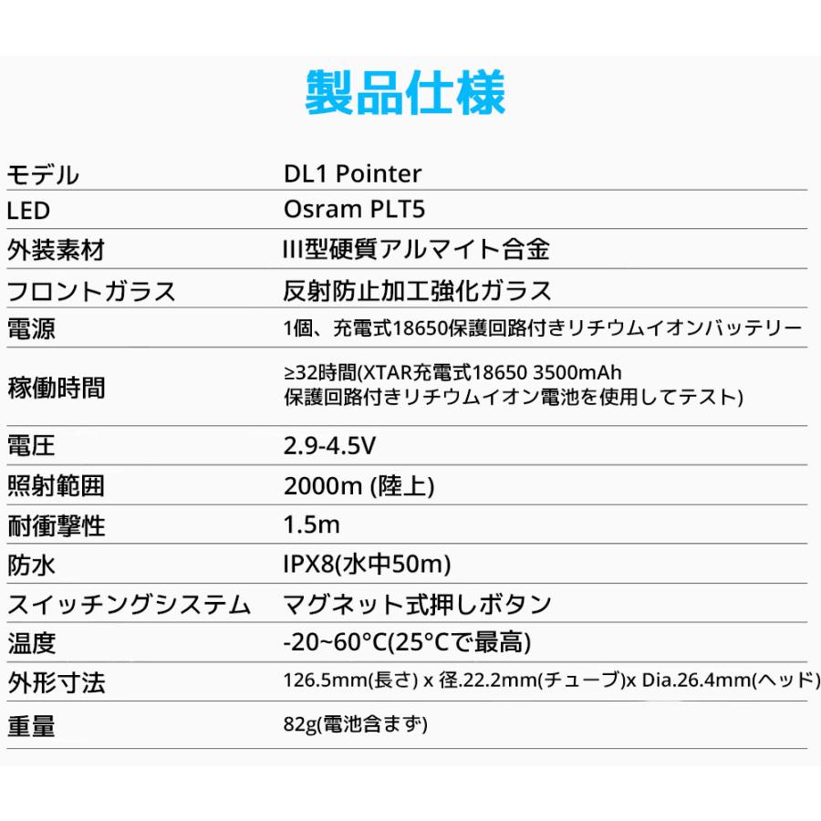 XTAR DL1 ダイビングLEDライト LED ポインター 懐中電灯 2000m 水中 IPX8 高輝度 強力 スピアフィッシング ダイビングライト 防水 キャンプ ハイキング |  | 06