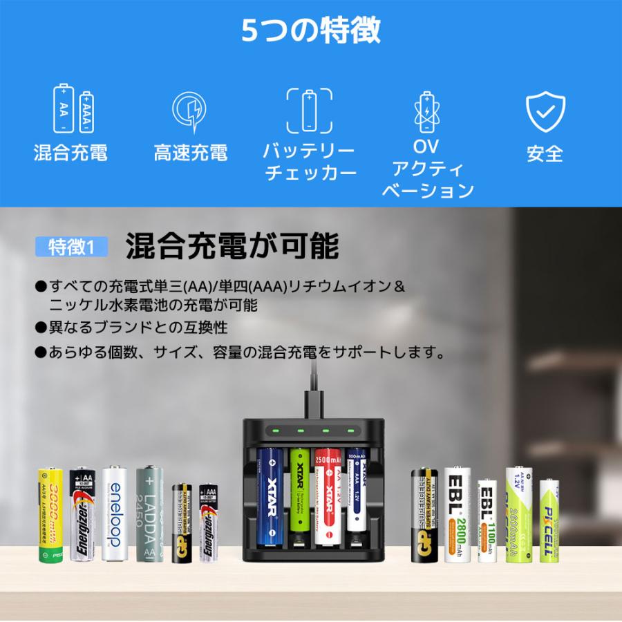 XTAR L4 単三 単四形 リチウムイオン充電器 混合充電 Type-C 単3 単4 ニッケル水素電池 1.5Vリチウム電池 Li-ion 1.5V・Ni-MH 1.2V 急速充電器 | XTAR | 02