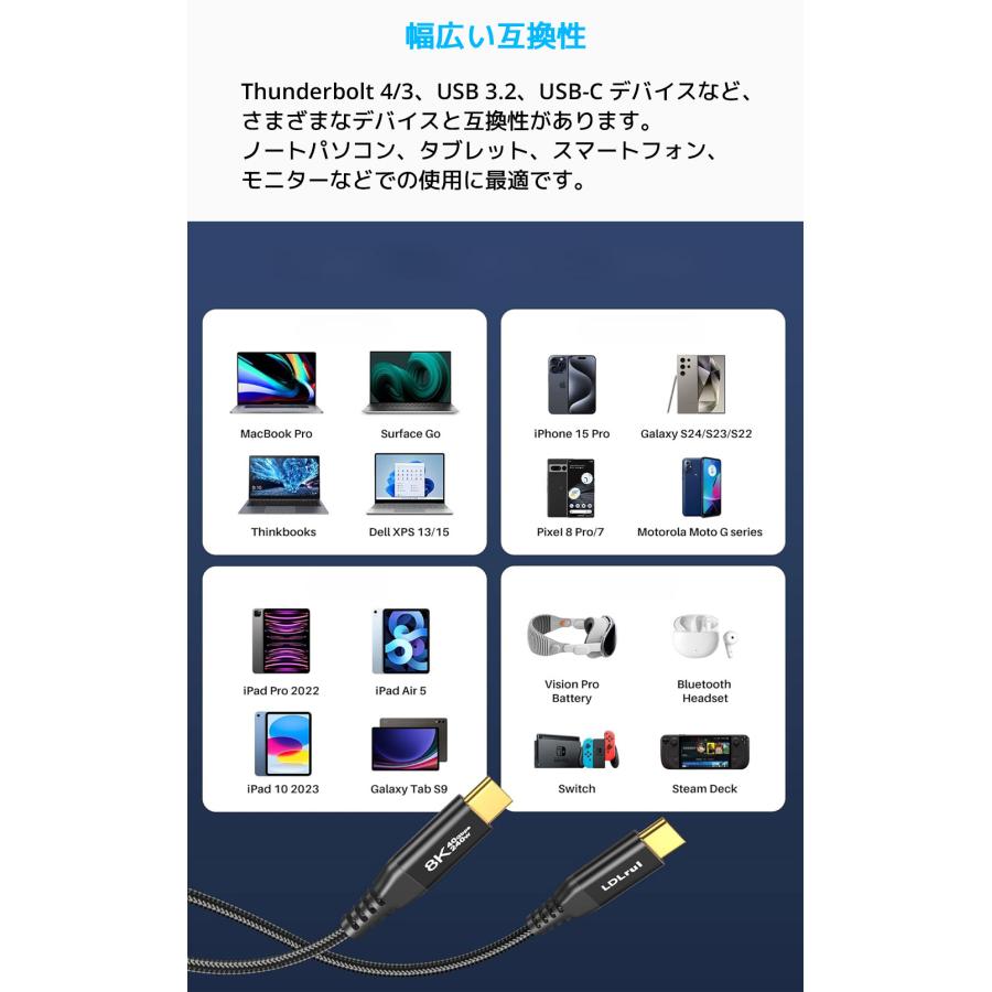 LDLrui USB 4ケーブル Type-C 180cm Thunderbolt 3 4 サンダーボルト 8Kモニター対応 240W急速充電 40Gbps 8K 60Hz Mac MacBook iPhone15 |  | 06