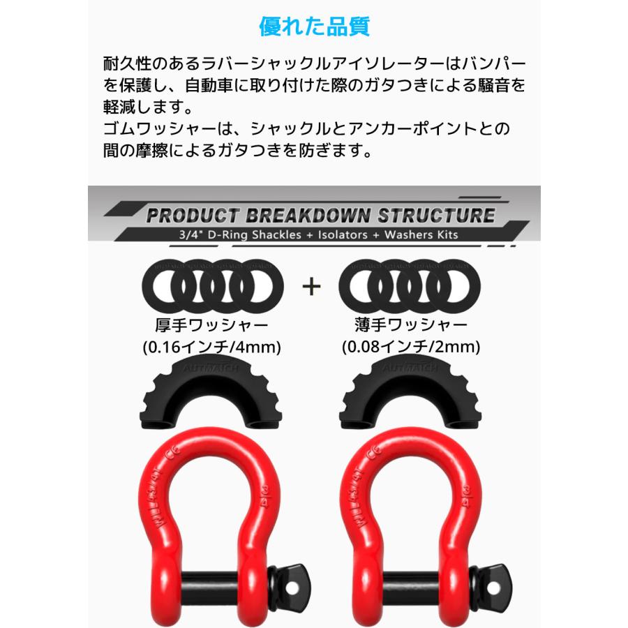 AUTMATCH Dリング シャックル 3/4インチ 1.9cm 2個セット ワッシャー付き シャックルアイソレーター 牽引ストラップ ウィンチ オフロード車 リカバリー |  | 23