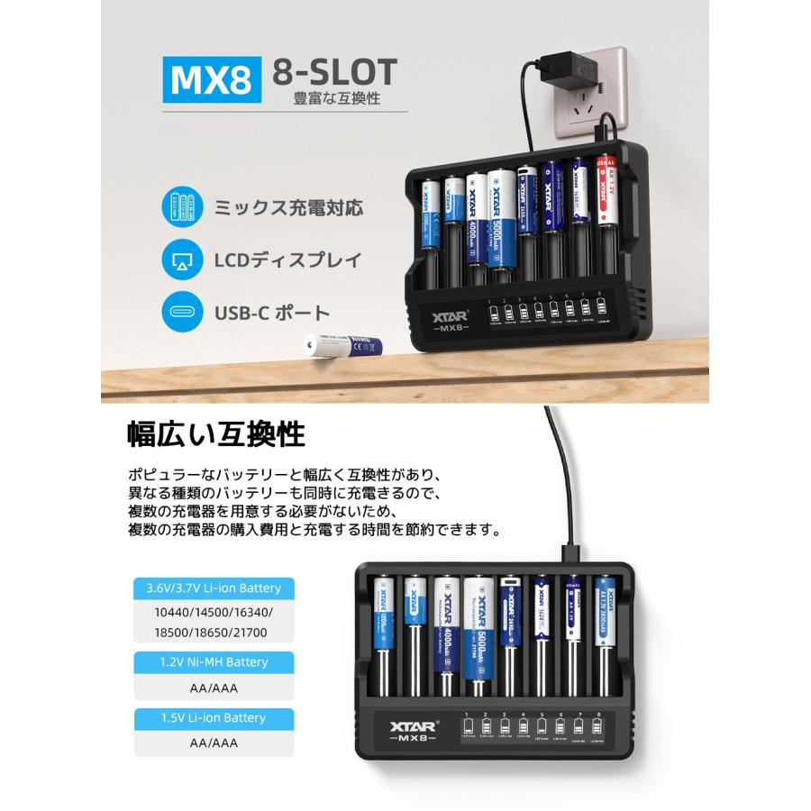 XTAR MX8 リチウムイオン電池 充電器 8本 エクスター 1.5V 3.6V 3.7V リチウムイオン 1.2V ニッケル水素 単三 単四 18650 21700 マルチサイズ 混合充電 電池 | XTAR | 01