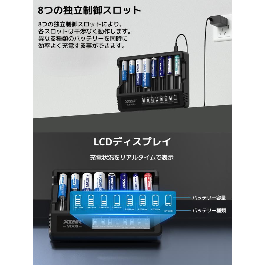 XTAR MX8 リチウムイオン電池 充電器 8本 エクスター 1.5V 3.6V 3.7V リチウムイオン 1.2V ニッケル水素 単三 単四 18650 21700 マルチサイズ 混合充電 電池 | XTAR | 02