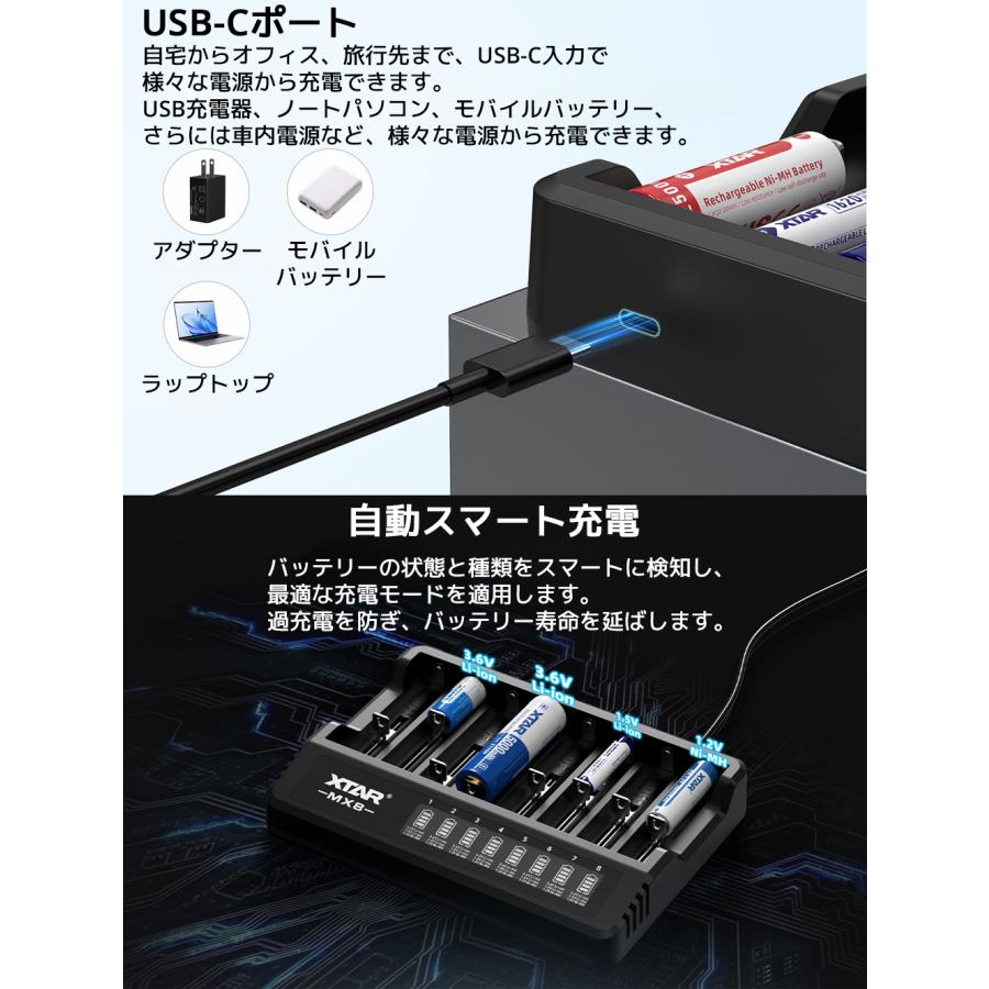 XTAR MX8 リチウムイオン電池 充電器 8本 エクスター 1.5V 3.6V 3.7V リチウムイオン 1.2V ニッケル水素 単三 単四 18650 21700 マルチサイズ 混合充電 電池 | XTAR | 03