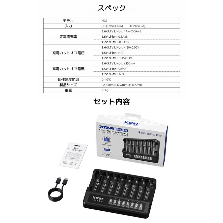 XTAR MX8 リチウムイオン電池 充電器 8本 エクスター 1.5V 3.6V 3.7V リチウムイオン 1.2V ニッケル水素 単三 単四 18650 21700 マルチサイズ 混合充電 電池 | XTAR | 07