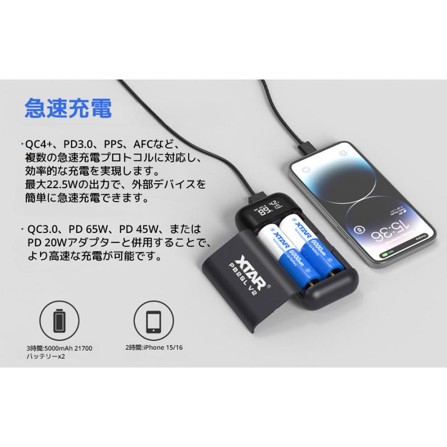 XTAR PB2SL V2 ポータブル リチウムイオン電池 充電器 エクスター 18650 18700 20700 21700 3.6V 3.7V リチウムイオン Li-ion  電池 バッテリー QC3.0 PD3.0 | XTAR | 05