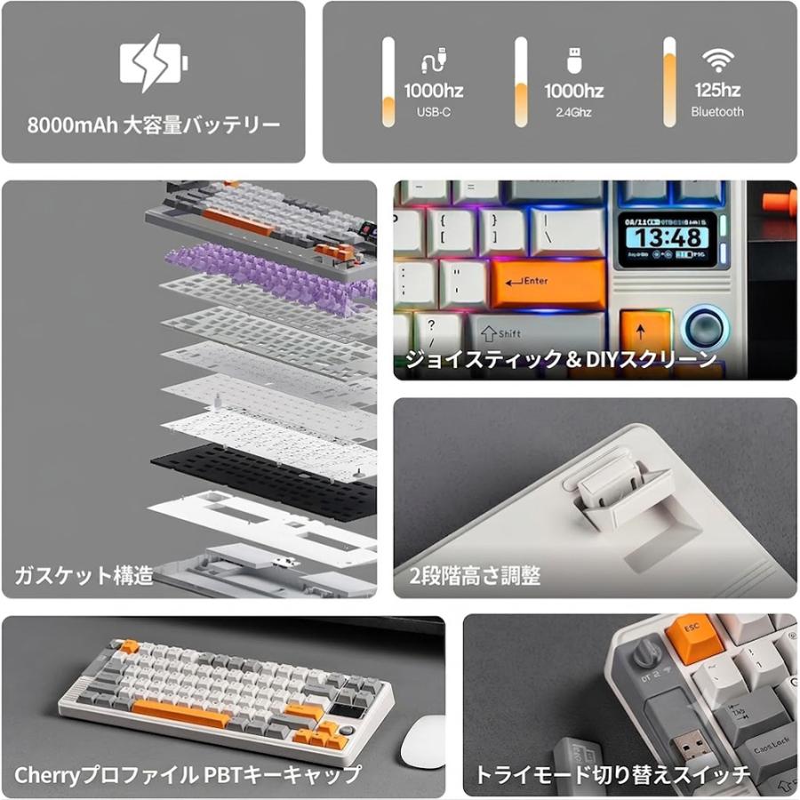 EPOMAKER エポメーカー RT85 ワイヤレス ゲーミングキーボード メカニカル ジョイスティック スクリーン テンキーレス ガスケット 白 緑 |  | 04