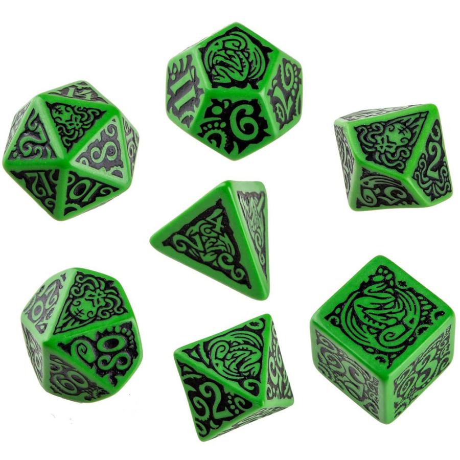 Q-WORKSHOP コールオブクトゥルフ オフィシャル ダイス グリーン&ブラック 7個セット クトゥルフ神話 TRPG クトゥルフの呼び声 公式 ライセンス サイコロ | 