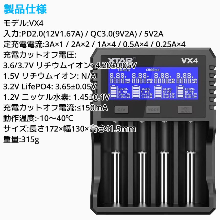 XTAR VX4 リチウムイオン充電器  混合充電 1.5リチウムイオン 充電器  高性能 バッテリーチャージャー LiFePO4 IMR INR ICR 4スロット QC3.0 急速 高速 充電 USB | XTAR | 12