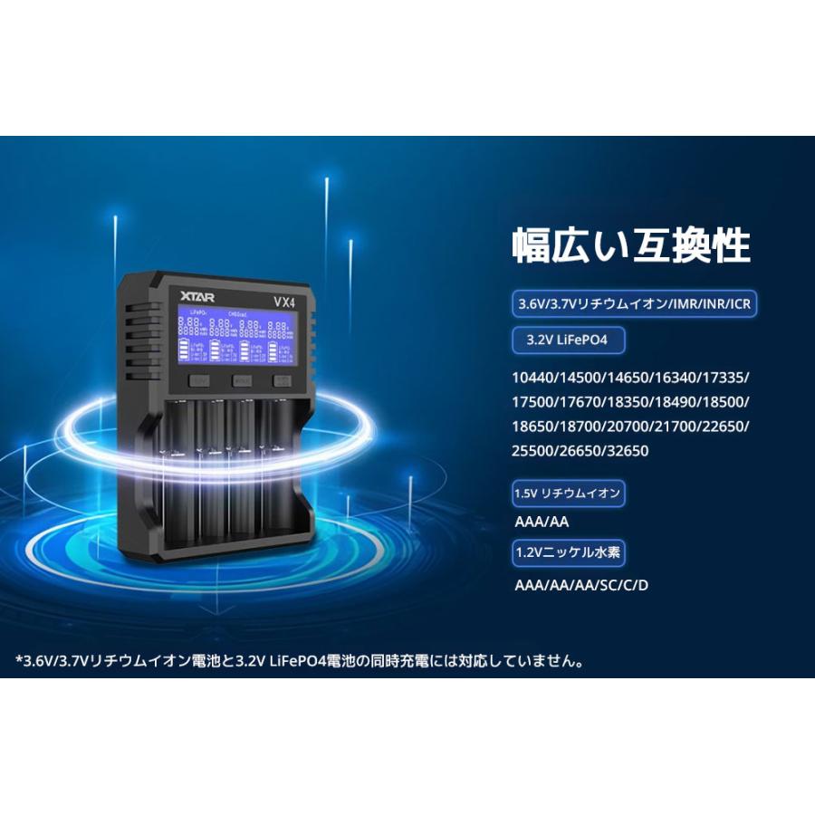 XTAR VX4 リチウムイオン充電器  混合充電 1.5リチウムイオン 充電器  高性能 バッテリーチャージャー LiFePO4 IMR INR ICR 4スロット QC3.0 急速 高速 充電 USB | XTAR | 02