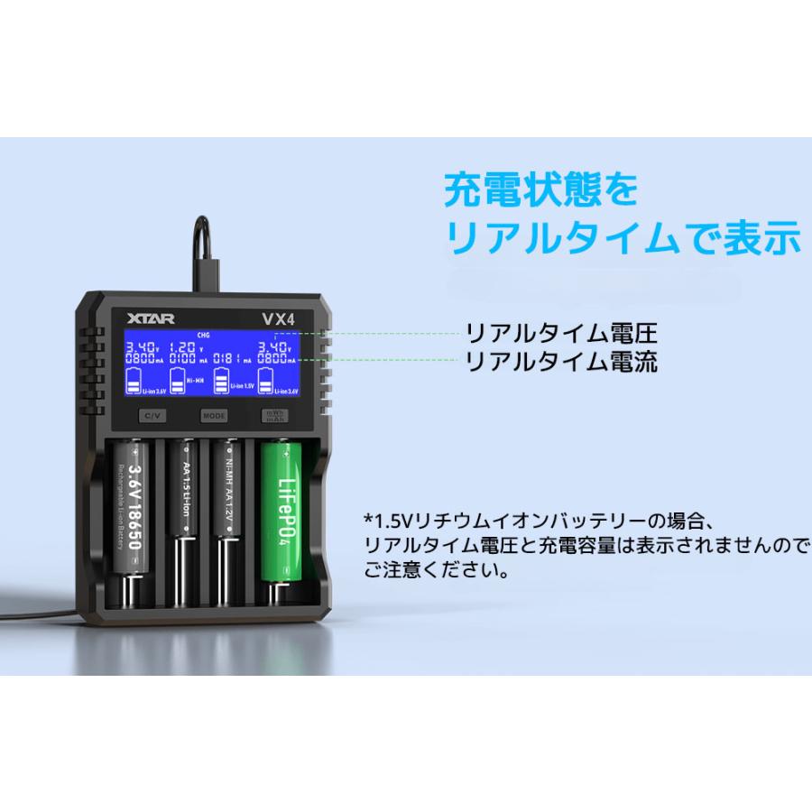 XTAR VX4 リチウムイオン充電器  混合充電 1.5リチウムイオン 充電器  高性能 バッテリーチャージャー LiFePO4 IMR INR ICR 4スロット QC3.0 急速 高速 充電 USB | XTAR | 06