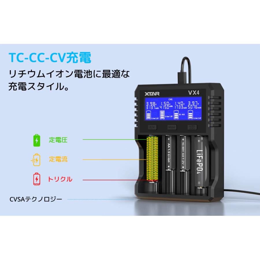 XTAR VX4 リチウムイオン充電器  混合充電 1.5リチウムイオン 充電器  高性能 バッテリーチャージャー LiFePO4 IMR INR ICR 4スロット QC3.0 急速 高速 充電 USB | XTAR | 09