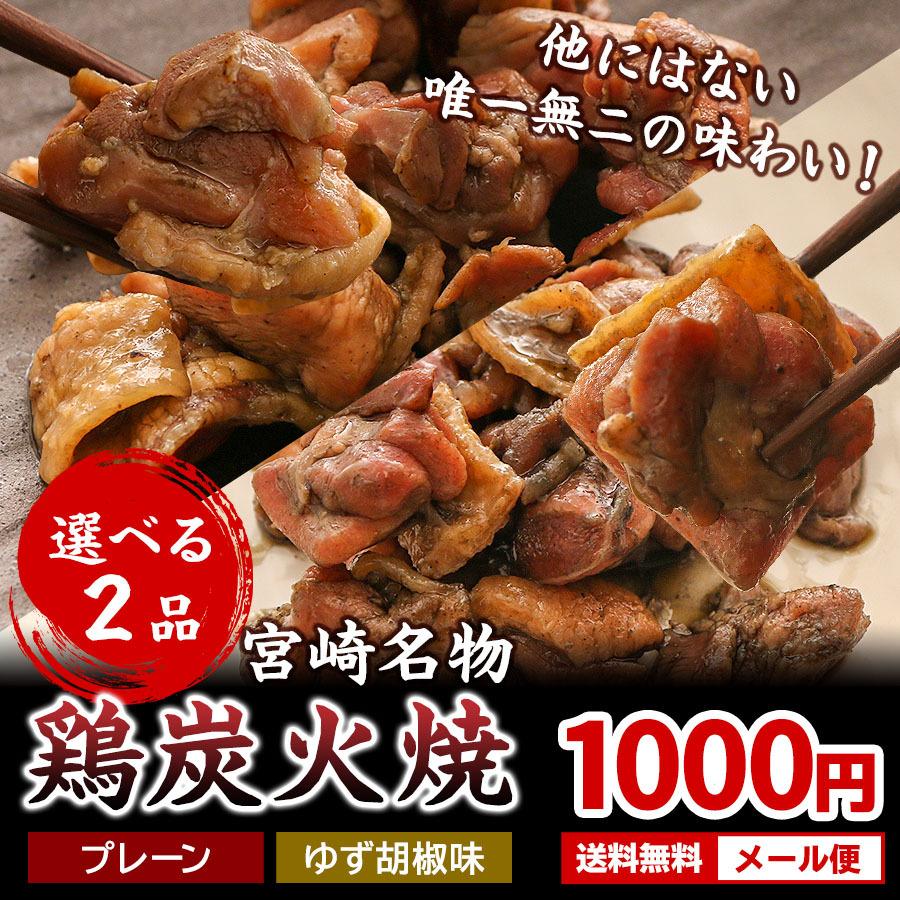 おつまみ 鶏肉 焼き鳥 鶏 炭火焼 選べる2袋 プレーン ゆず胡椒 各100g メール便 1000円ぽっきり 宮崎 グルメ 国際ブランド 送料無料 国産 名物 ポイント消化