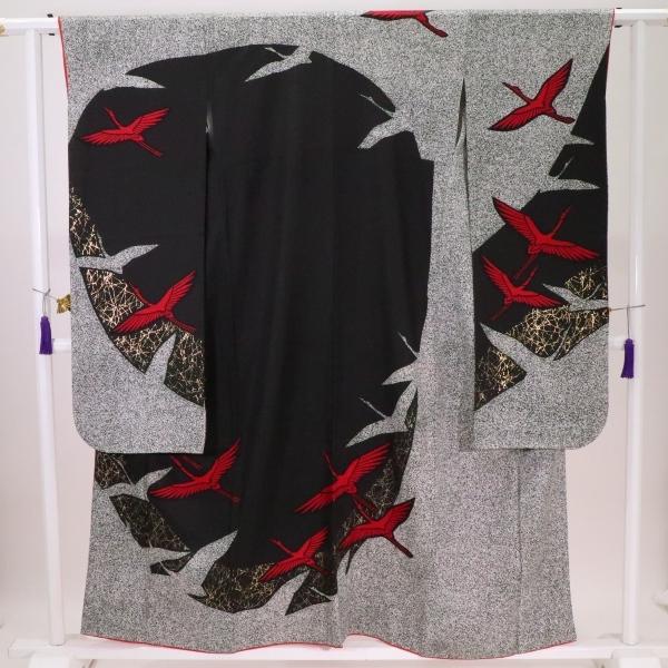 ◇豪華□正絹総絞り□吉祥飛鶴文□黒地□金彩加