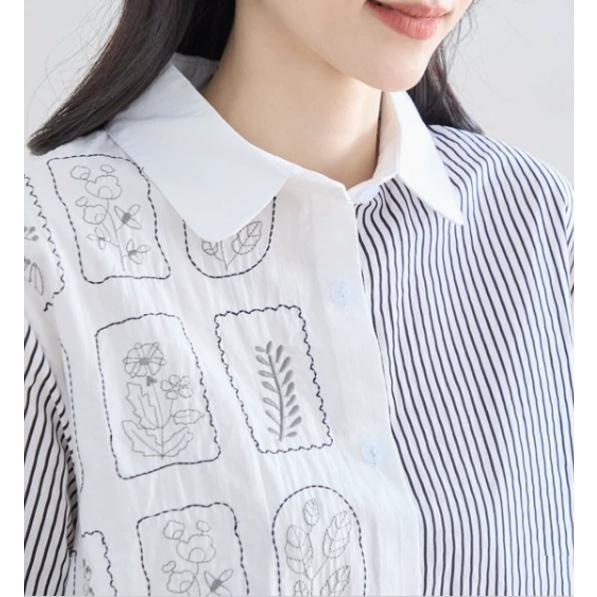 シャツ ブラウス 羽織 刺繍 ストライプ 長袖 レディース ミセス シニア