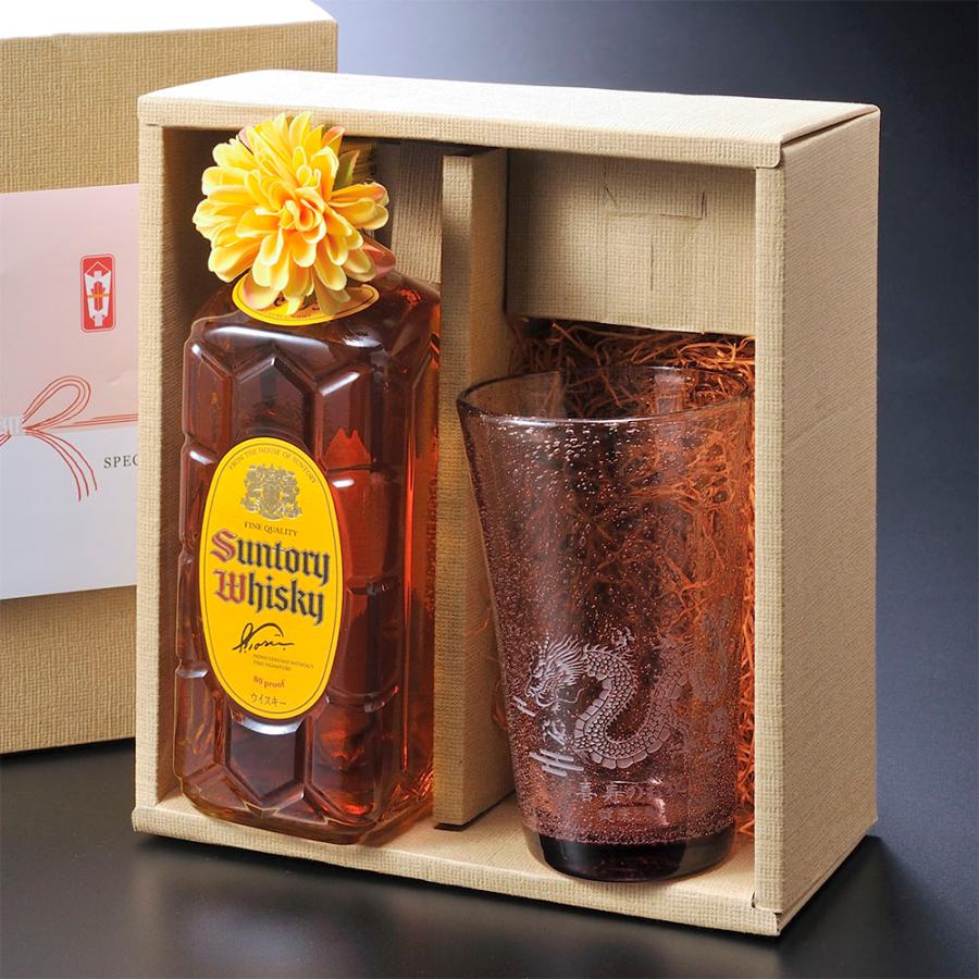 名入れ ギフト SXX 酒セット ウイスキー サントリーウイスキー角瓶 700ml \u0026 気泡びいどろビアグラス コサージュ付 ギフトBOX入りの画像