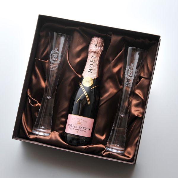 名入れ ギフト SXX ペア酒セット シャンパングラス モエ・エ・シャンドン ロゼ・アンペリアル 375ml \u0026 MOYA モヤ トールシャンパングラス 2点 布張りBOX入りの画像